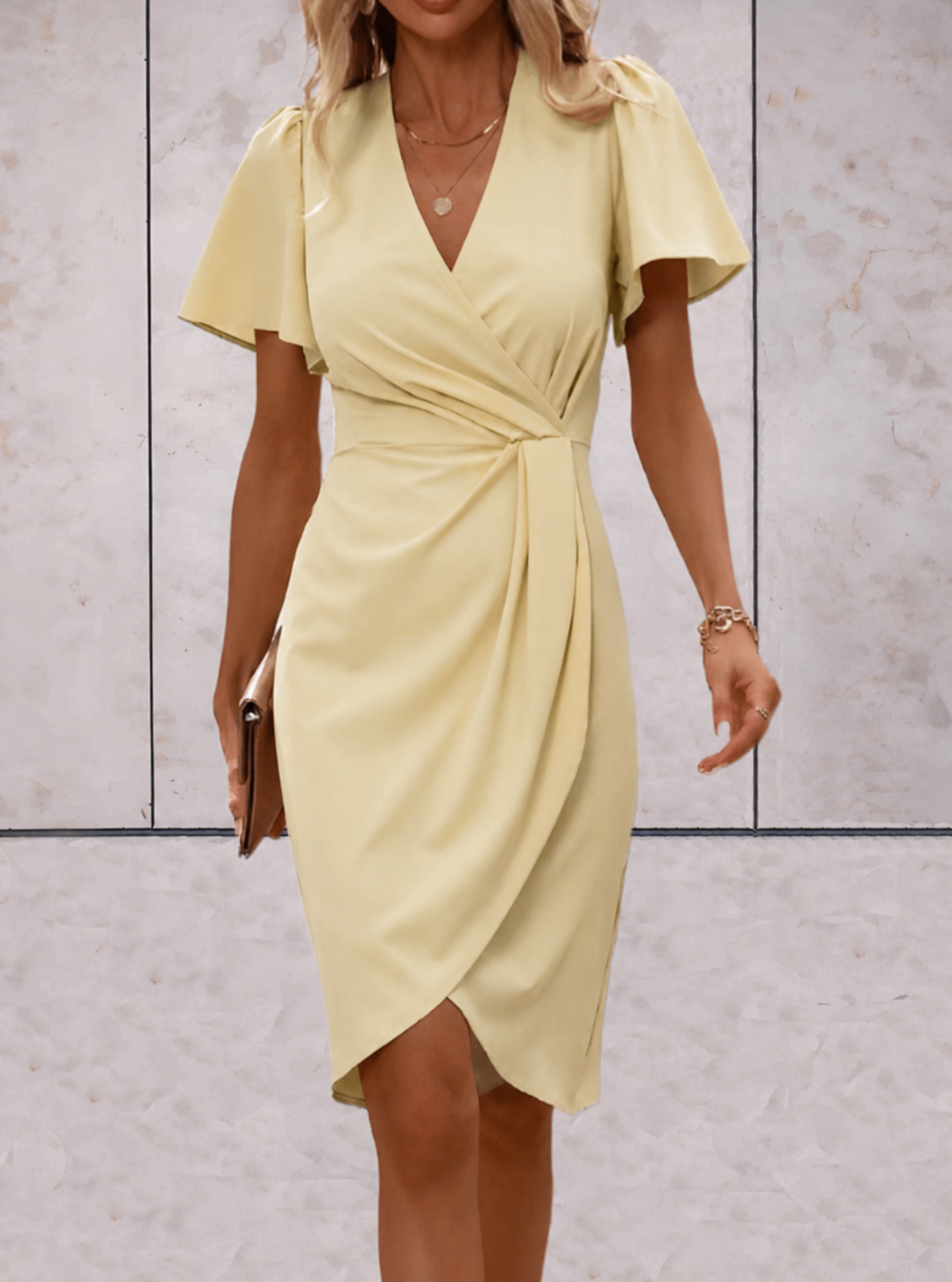 Women's Midi Wrap Dress V-Neck Flutter Sleeve