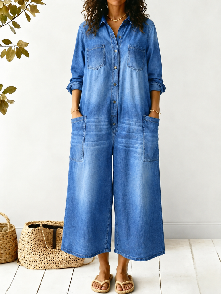 Comfortable women's Delilah wide leg jumpsuit with button front, long sleeves, perfect for versatile everyday wear.