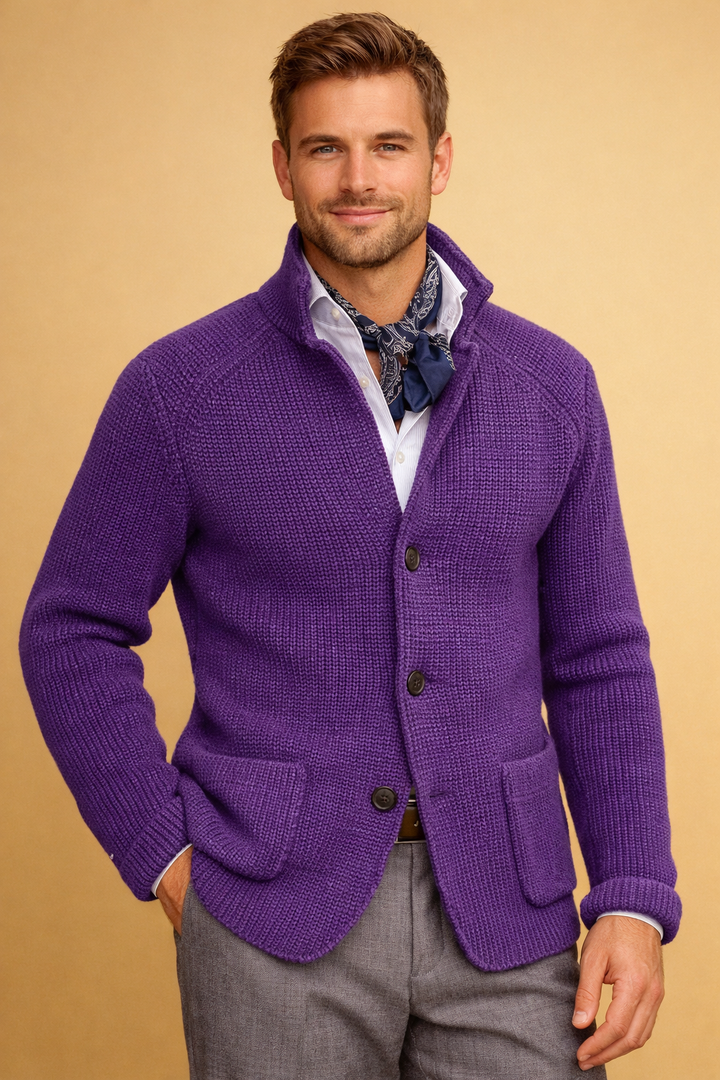 Modern fit men's warm button-up cardigan, essential fall/winter knitwear for stylish layering.