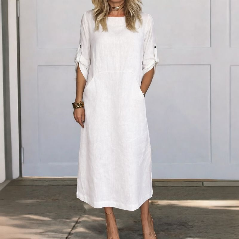 Breezy A-line maxi dress for women, perfect for effortless summer style & comfort. Relaxed fit vacation outfit.