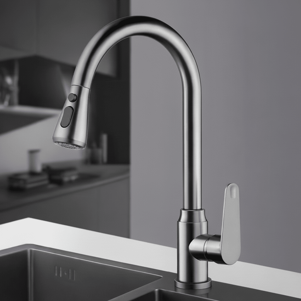 Clean design modern kitchen faucet, single handle, pull-out spray, and smooth swivel action.