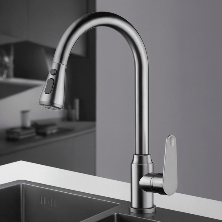 Clean design modern kitchen faucet, single handle, pull-out spray, and smooth swivel action.