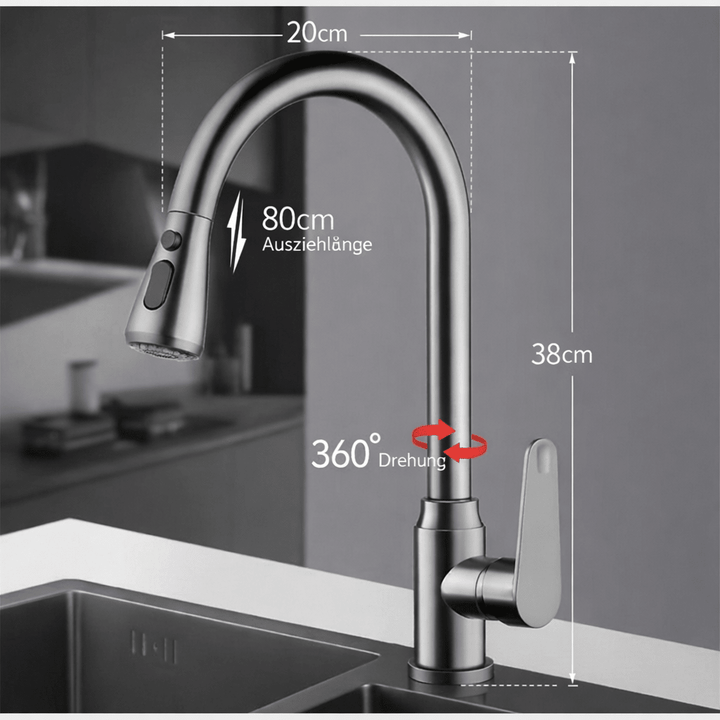High-quality modern kitchen faucet with pull-out sprayer and 360° swivel, built for daily home use.
