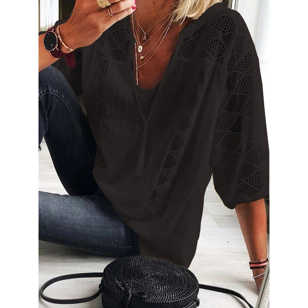 Woman models a light blue Chic Accent Blouse, an elegant & versatile top for office chic or everyday fashion.