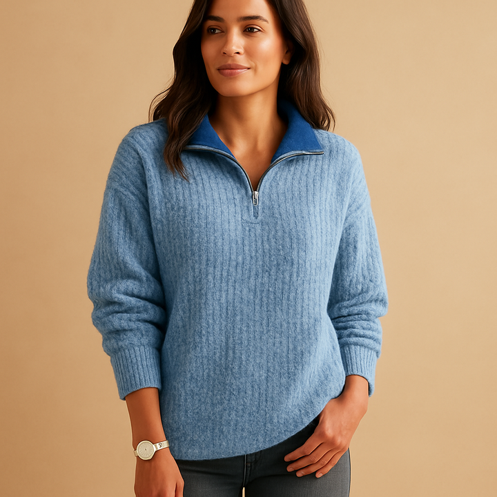 Fashionable women's half-zip pullover sweater, elegant knit top for versatile wear.