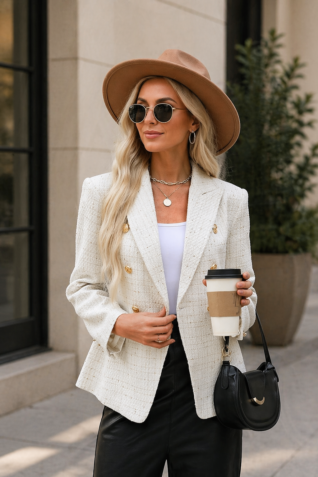 Chic women's blazer, a stylish double-breasted jacket with a sophisticated tailored fit for versatile fashion.