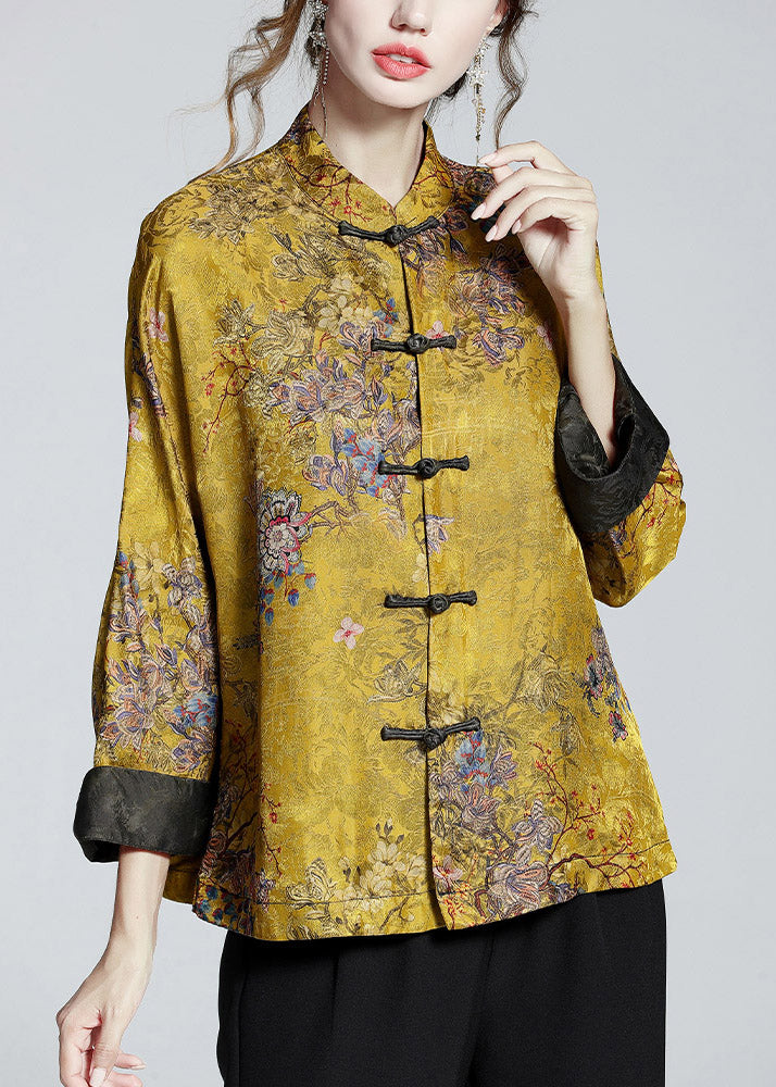 Unique stand collar printed women's coat. A chic, elegant, long-sleeve statement outerwear piece for fashion-forward women.