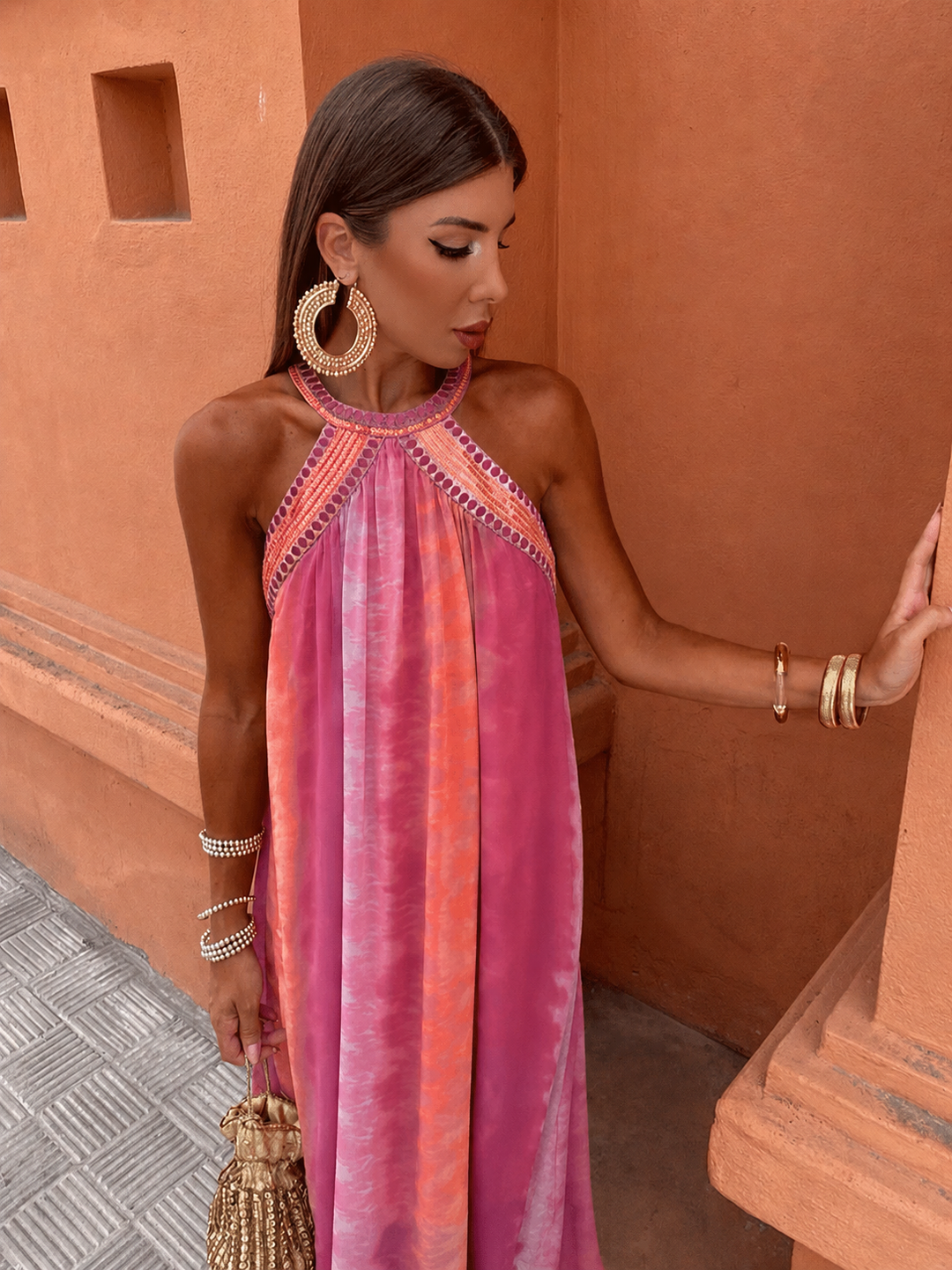 Women's elegant ombre gradient midi dress, perfect for a wedding guest or summer occasion. Chic party wear.