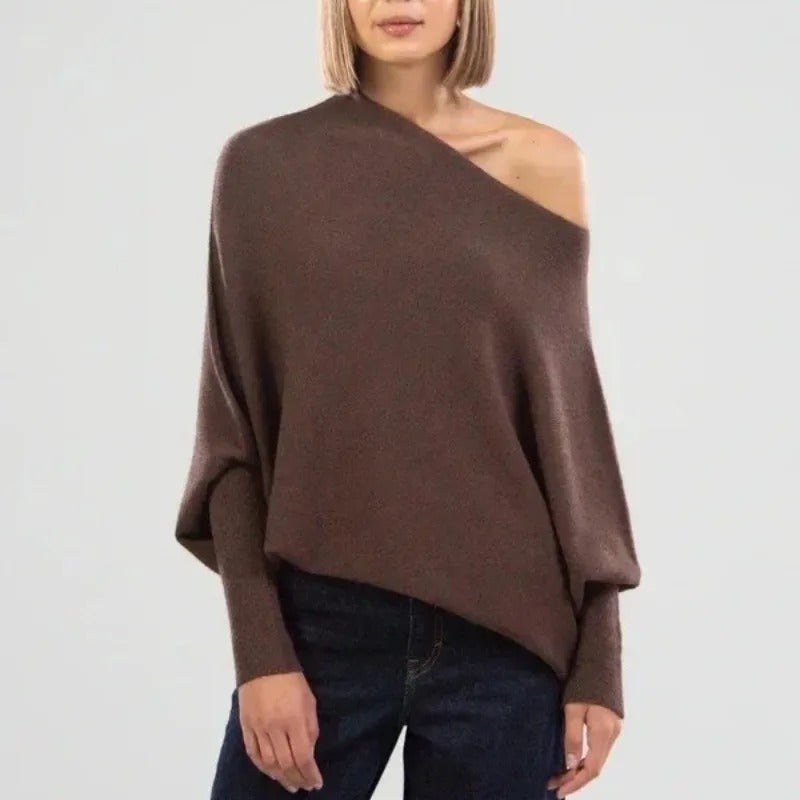 Brown off-shoulder women's long sleeve sweater, elegant knit top, versatile for fall, casual or evening style.