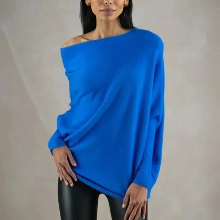 Blue comfortable off-shoulder sweater, women's long sleeve knit, perfect for fall fashion & winter wear.