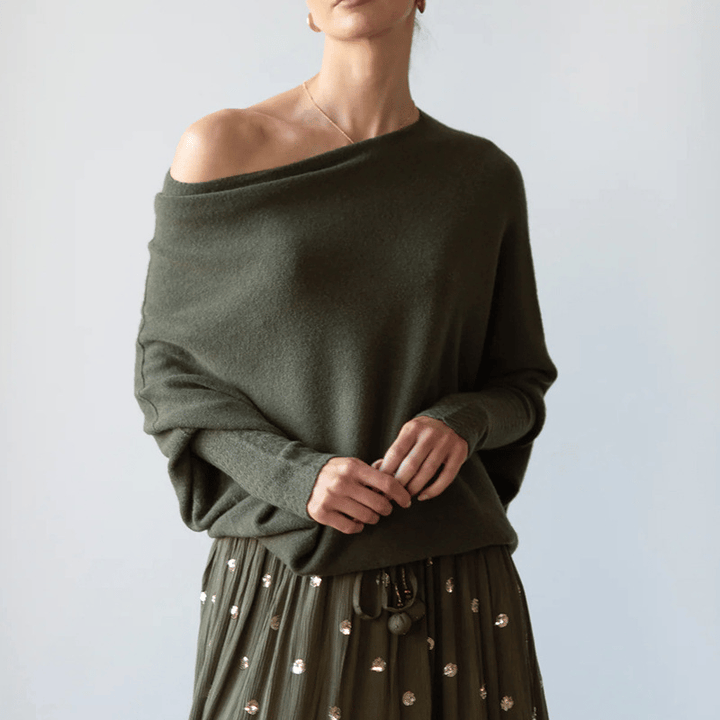 Light gray off-shoulder elegant sweater, women's long sleeve knit top, cozy and stylish for fall/winter.
