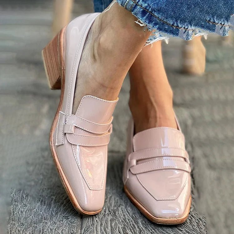 Women's comfortable penny loafers with block heel, elegant slip-on shoes for office or casual wear.