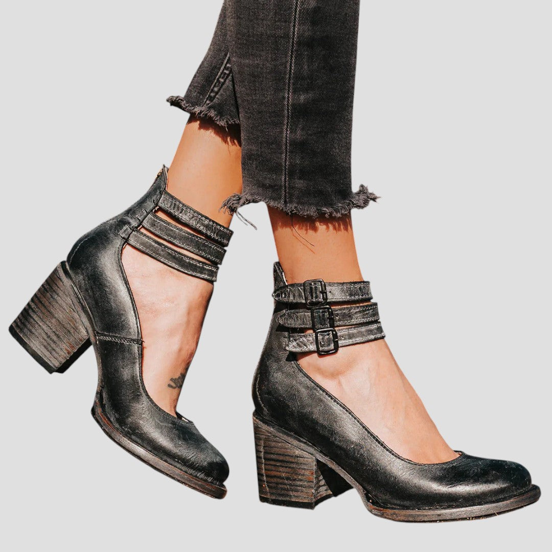 Women's stylish double strap ankle boots with comfortable block heel, perfect for fall and winter fashion.