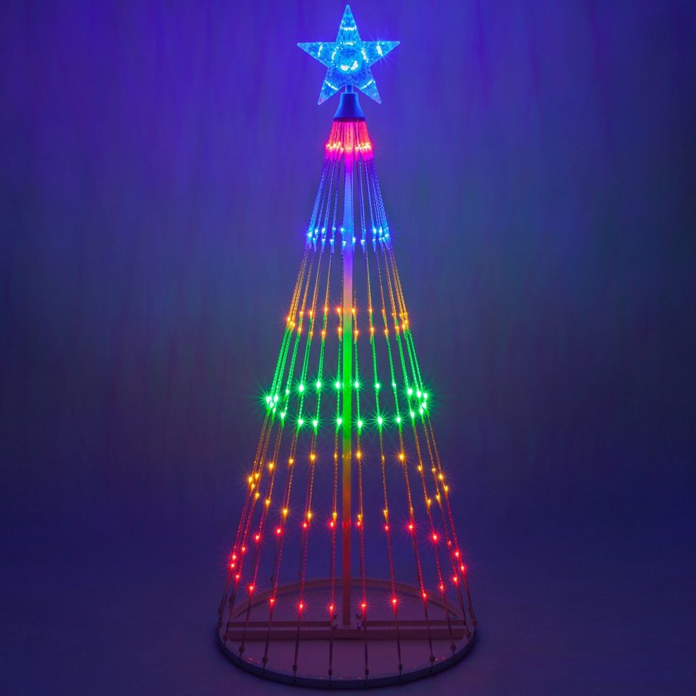 Vibrant outdoor animated LED Christmas tree light show with multicolor lights, ideal for festive holiday decorations.