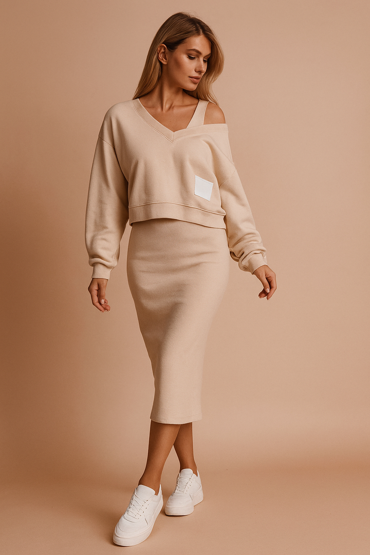 Chic women's skirt and sweater set, perfect for cozy autumn & winter fashion. Effortless two-piece midi outfit.