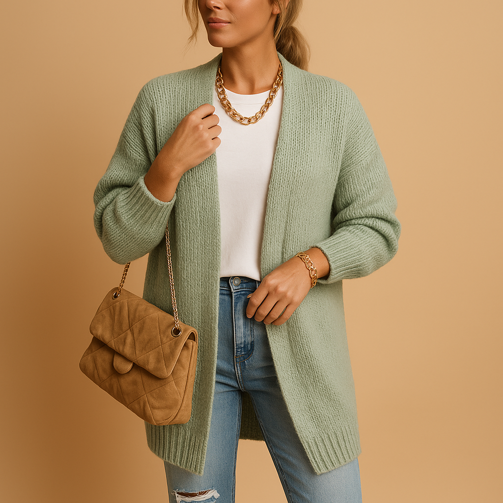 Warm everyday women's cardigan, classic knit design for cozy winter style and effortless layering.