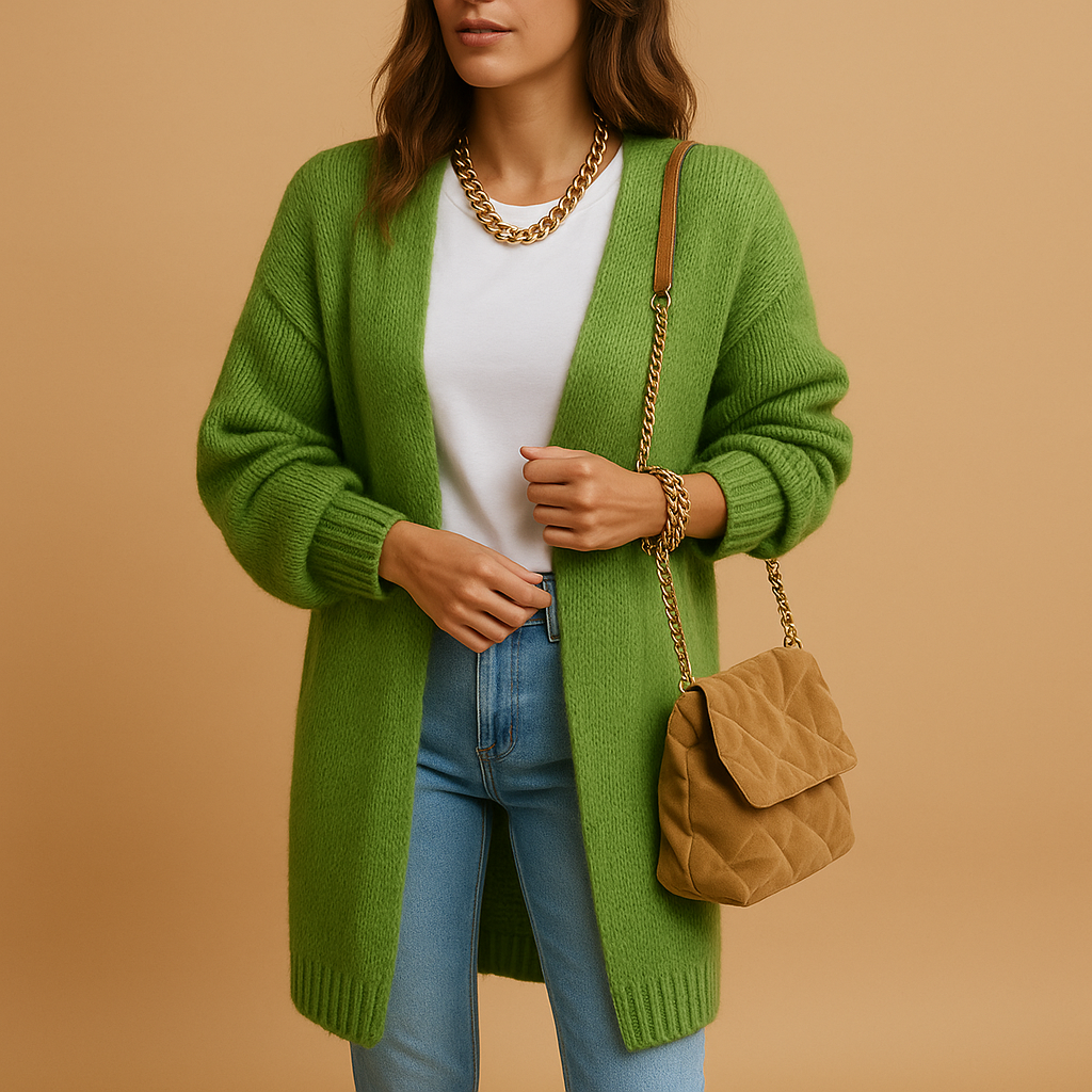 Elegant women's knit cardigan, a timeless layering piece for fall/winter fashion & comfort.