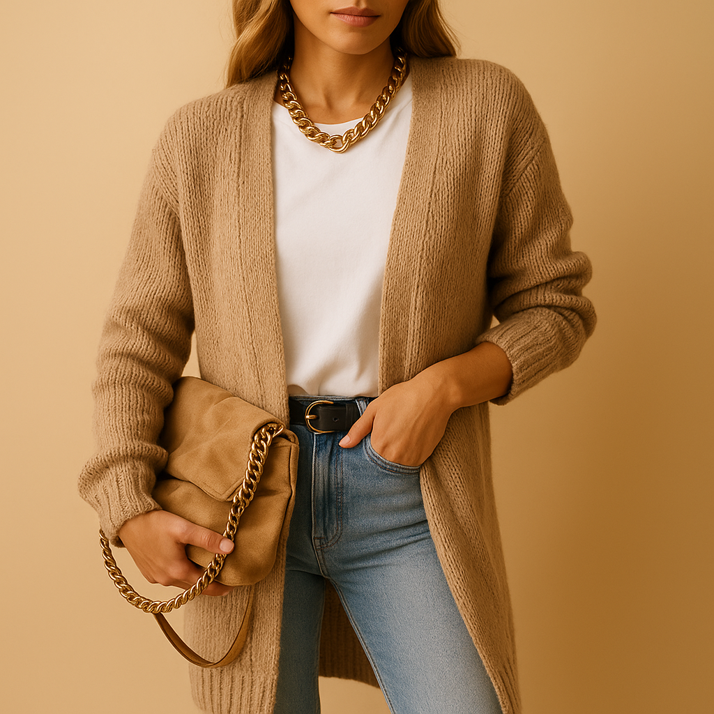 Women's fashion knit cardigan, designed for comfortable everyday wear & stylish winter layering.