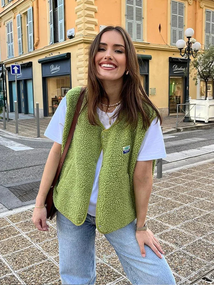 Women's cozy open-front layering vest with soft texture, perfect for casual everyday wear & comfort.
