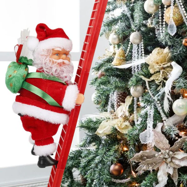 Unique animated Santa Claus climbing a ladder, a fun Christmas decoration for indoor festive holiday displays.