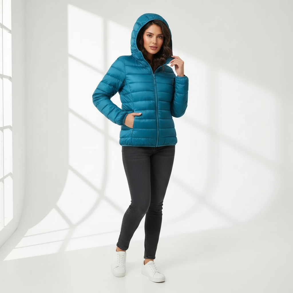 Warm women's sporty puffer jacket, ideal for active fashion and chilly winter days.