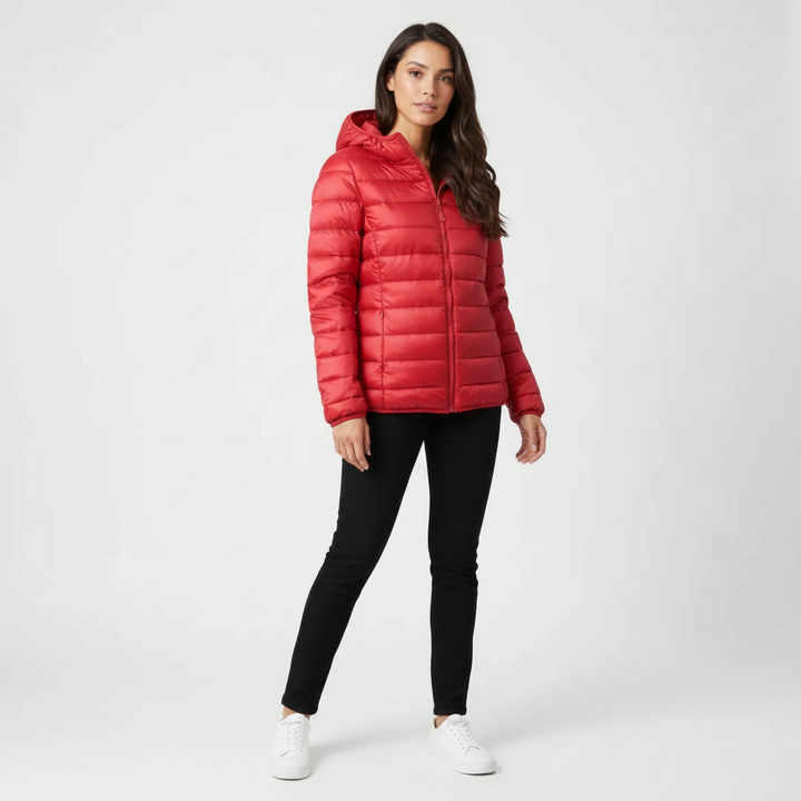 Ladies' modern puffer jacket, providing warmth for active winter wear and chic fashion.