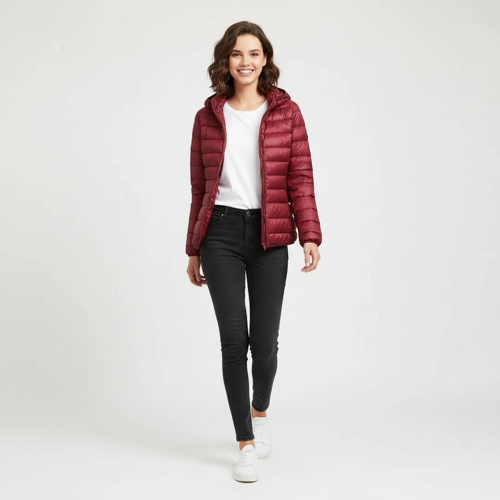 Active women's puffer jacket, warm, chic, and essential outerwear for modern winter fashion.