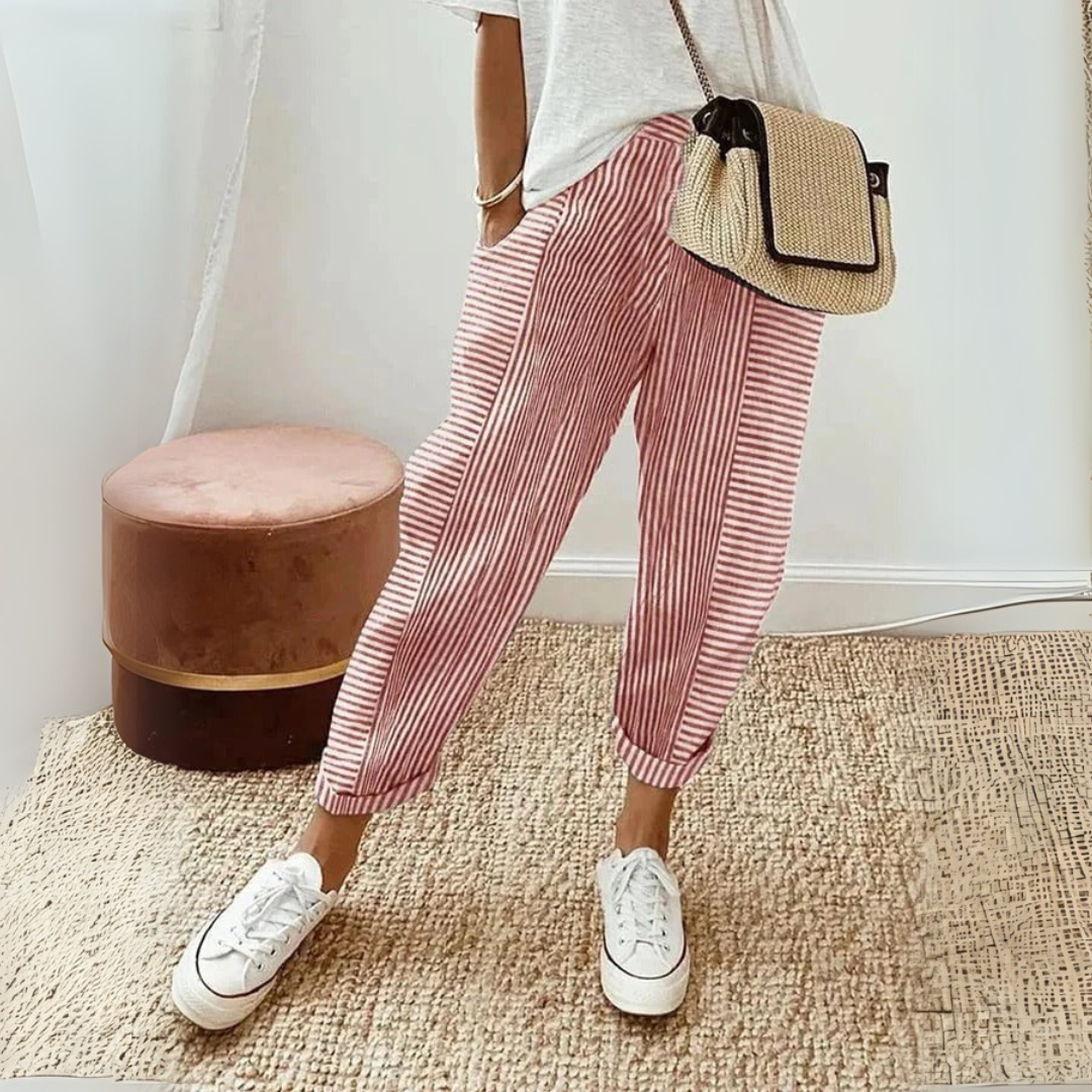 Women's high-waist striped casual pants with drawstring waist & side pockets, perfect for everyday comfort.