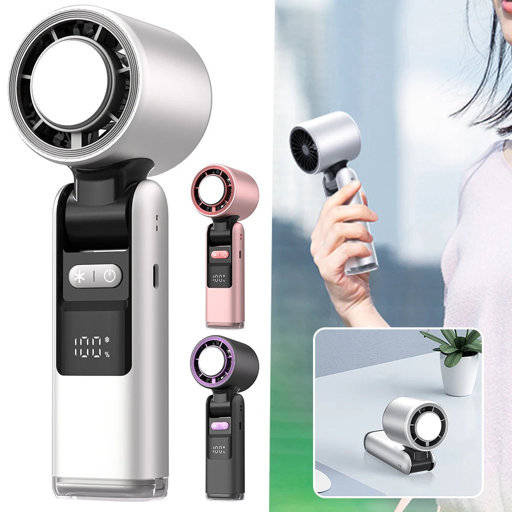 Compact folding personal fan, USB-C rechargeable, with digital display for quiet, portable summer cooling.