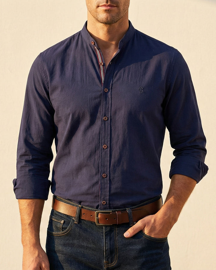 Man wearing a stylish breathable long sleeve button-down shirt, perfect for smart casual and everyday comfort.