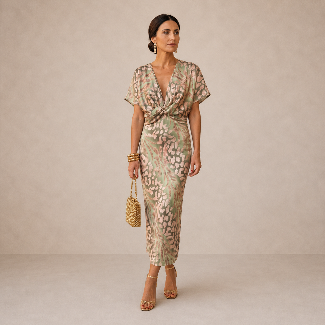 Elegant copper midi dress for women, perfect for summer parties or special occasions.