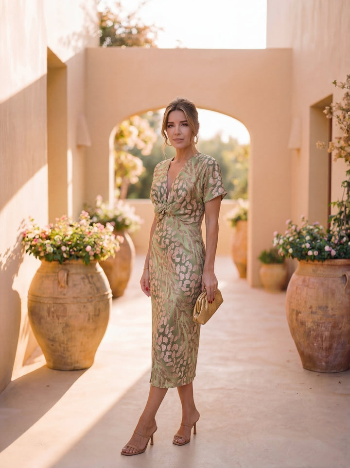 Chic copper midi dress, offering a sophisticated and comfortable look for summer days & evenings.