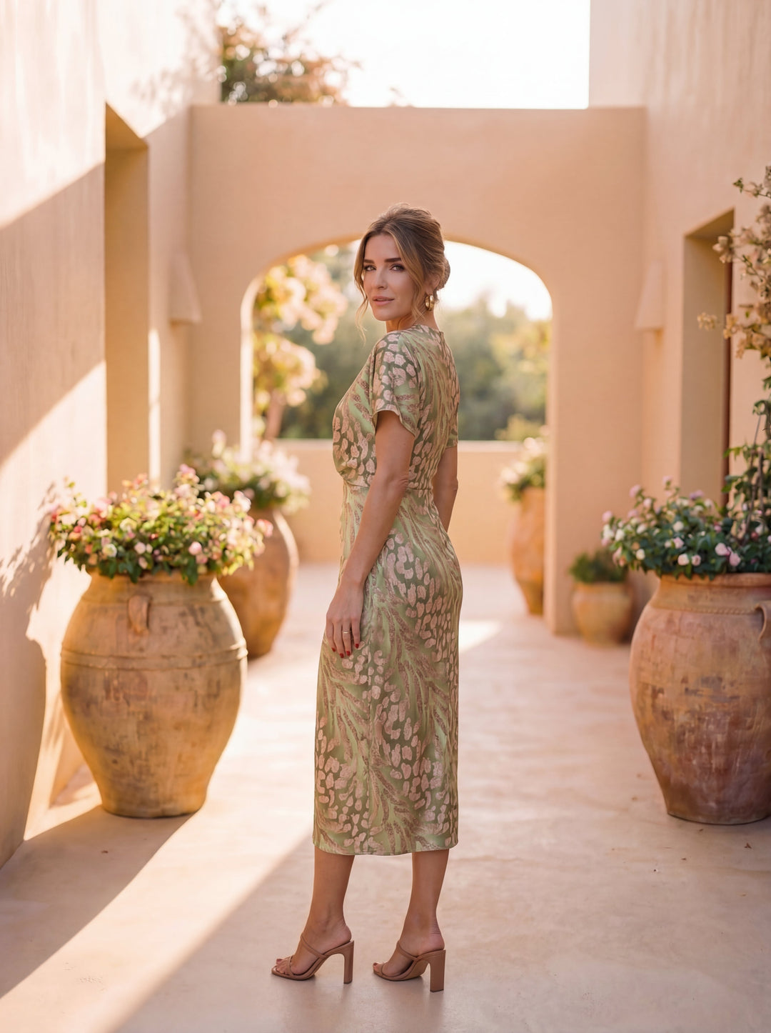 Women's elegant copper midi dress. Ideal for summer parties, events, or a stylish casual look.