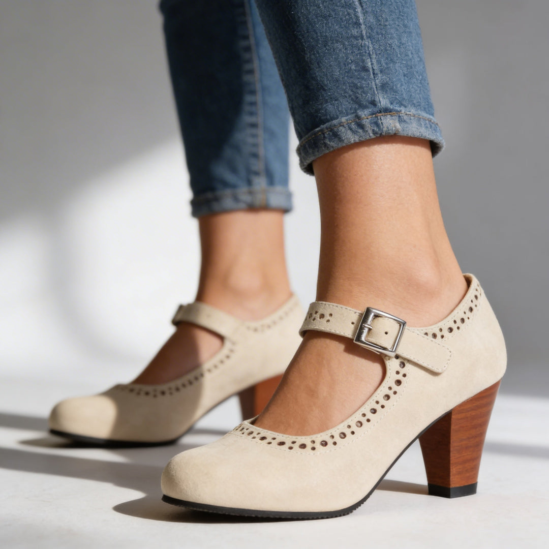 Comfortable & stylish women's Mary Jane block heel brogue pumps, ideal for office wear & classic footwear.