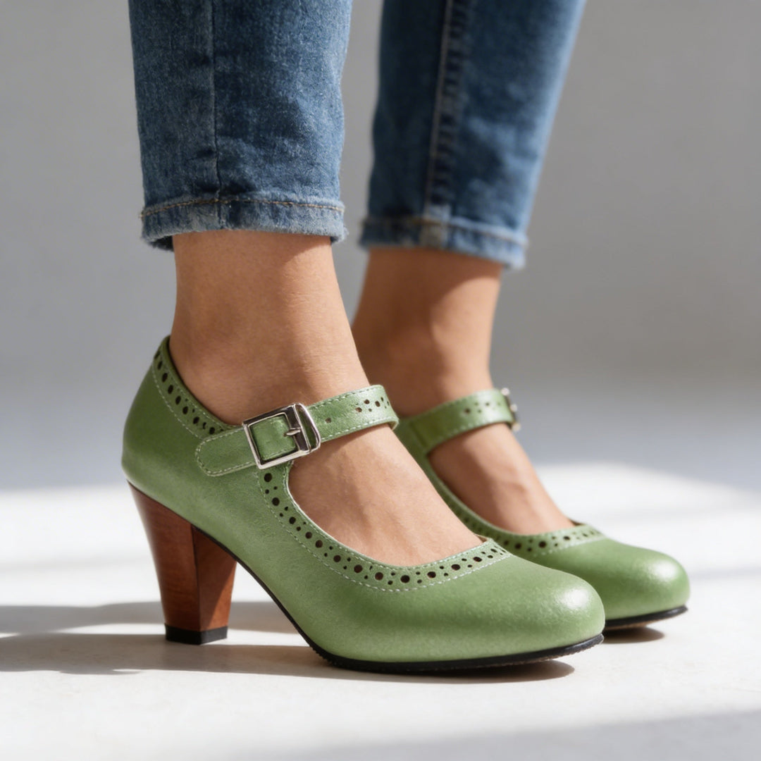 Classic women's Mary Jane block heel brogue pumps, elegant and comfortable dress shoes for various occasions.