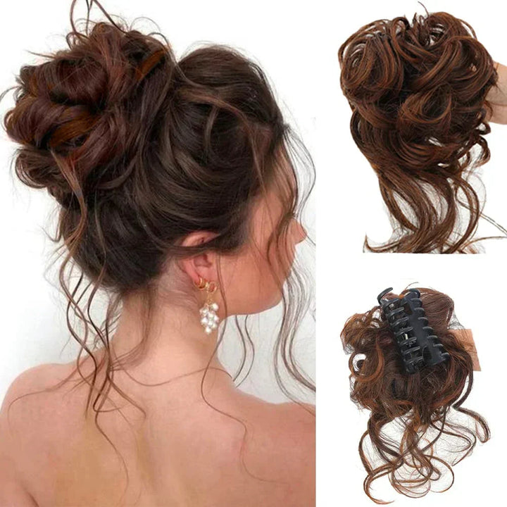 Instant updo hair bun maker for women, synthetic hair clip for quick elegance.