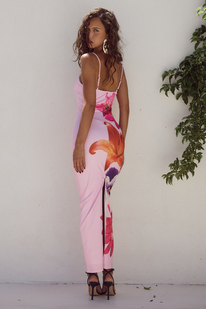 Women's casual spring dress: sleeveless flower print bodycon midi, comfortable and chic.