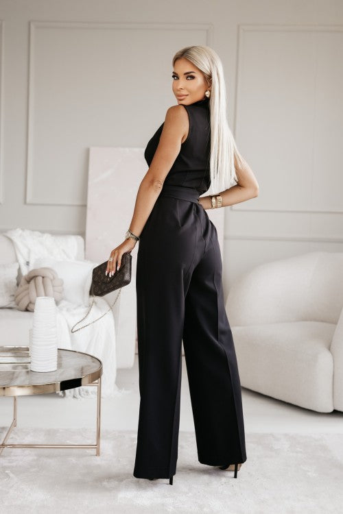Women's V-neck sleeveless formal jumpsuit, elegant wrap style with a modern wide leg.