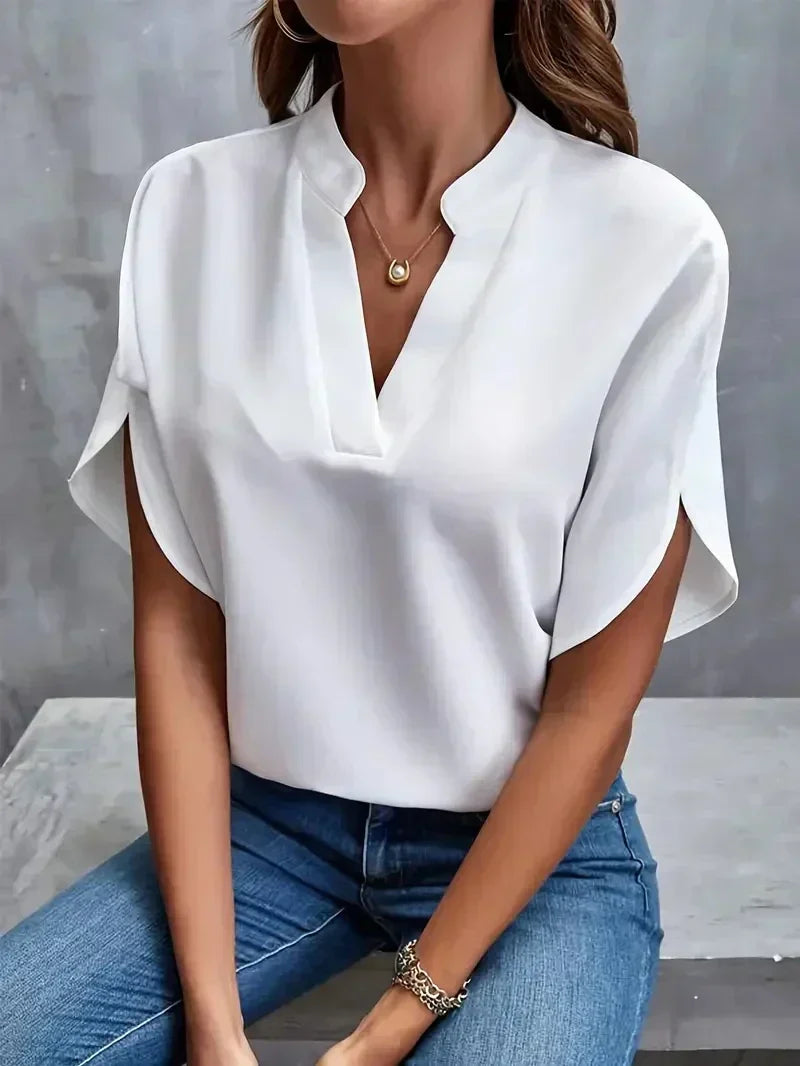 Women's chic V-neck t-shirt with unique split short sleeves for effortless summer style.