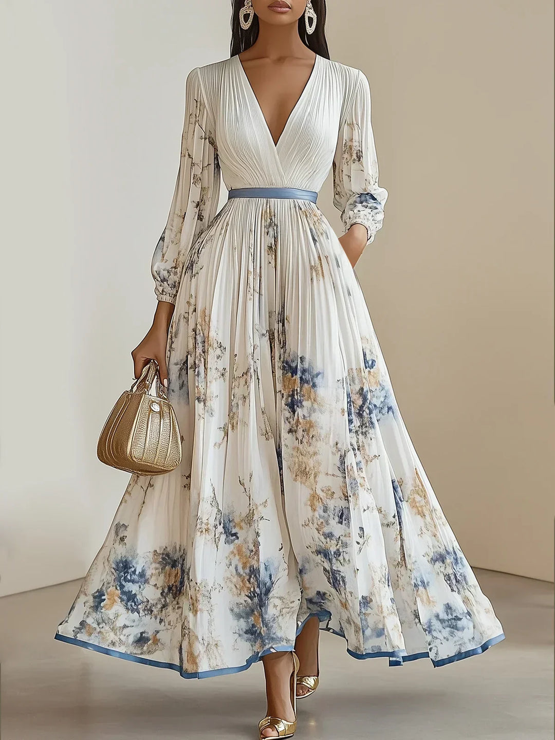 Women's V-Neck Maxi Dress with Puff Sleeves