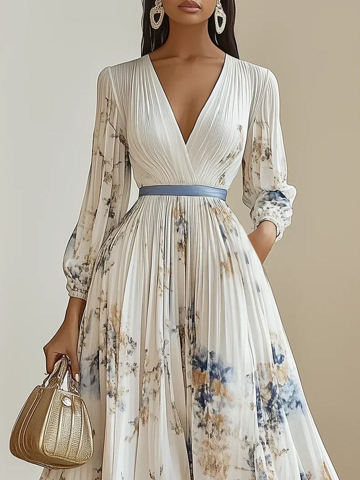 Women's V-Neck Maxi Dress with Puff Sleeves