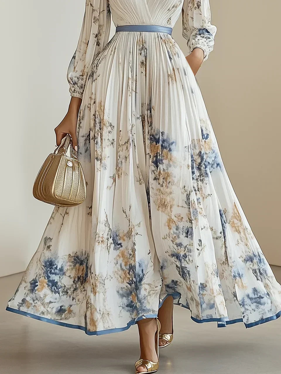 Women's V-Neck Maxi Dress with Puff Sleeves