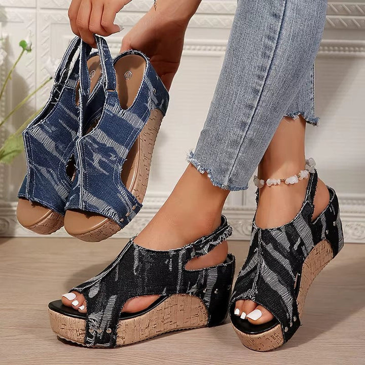 Women's Denim Wedge Sandals with Cork Sole