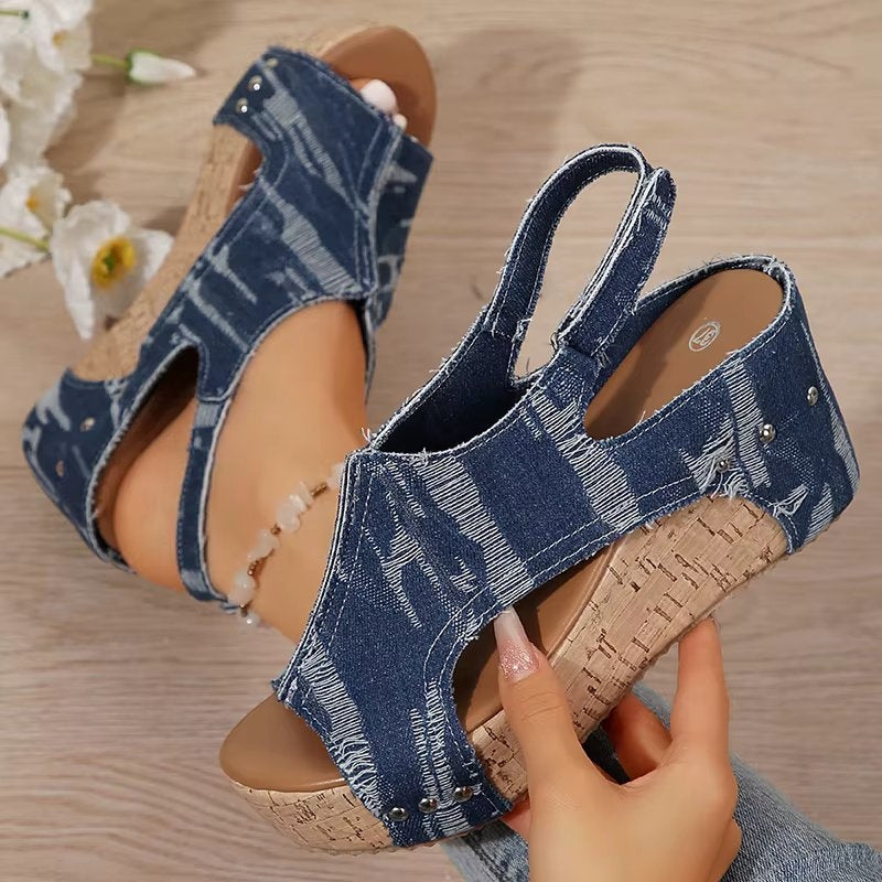 Women's Denim Wedge Sandals with Cork Sole