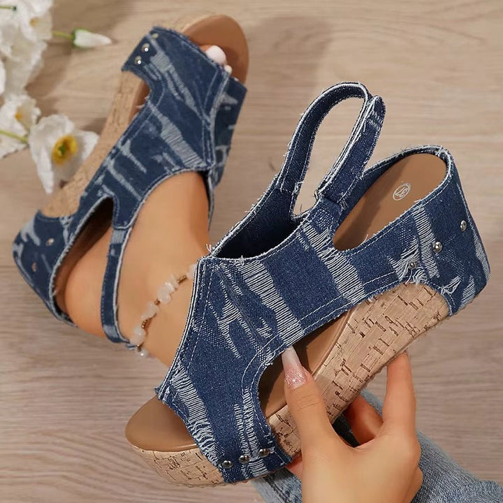 Women's Denim Wedge Sandals with Cork Sole