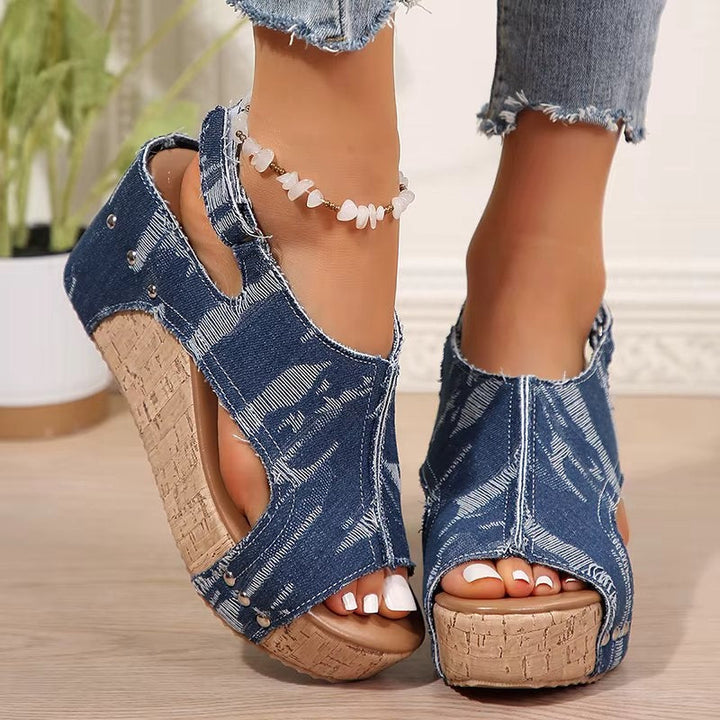 Women's Denim Wedge Sandals with Cork Sole