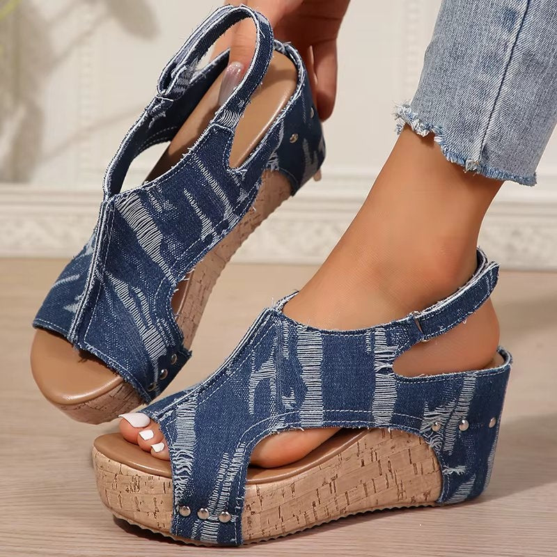 Women's Denim Wedge Sandals with Cork Sole