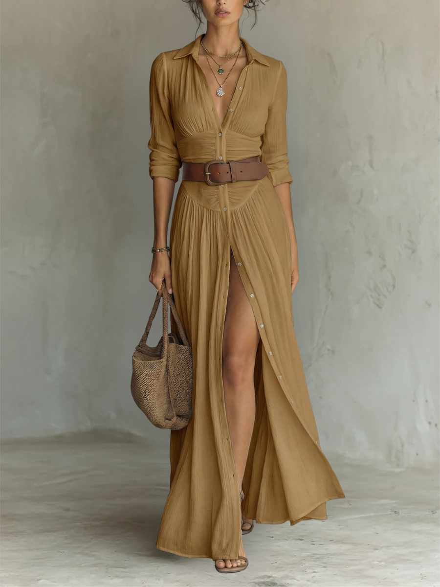 Versatile women's long sleeve collared maxi dress, suitable for work, casual outings, or elegant spring events.