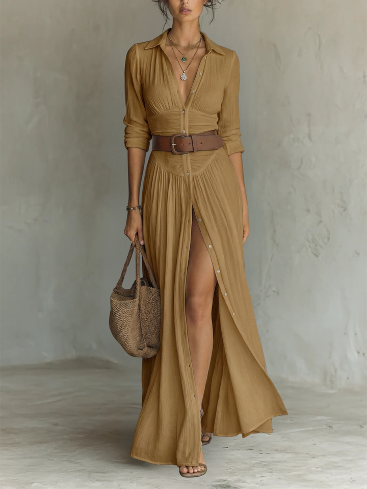 Versatile women's long sleeve collared maxi dress, suitable for work, casual outings, or elegant spring events.