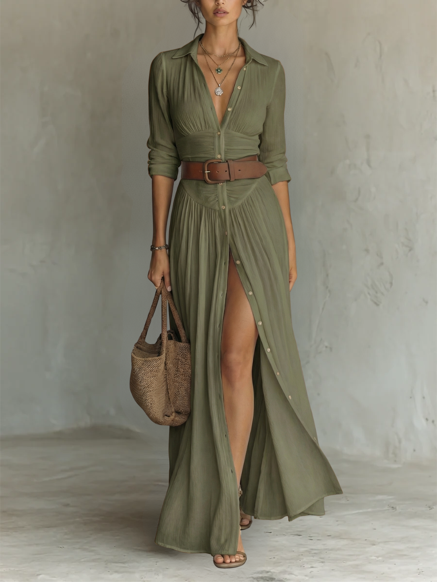 Stylish women's long sleeve collared maxi dress in a flowing pleated design, perfect for elegant party looks.